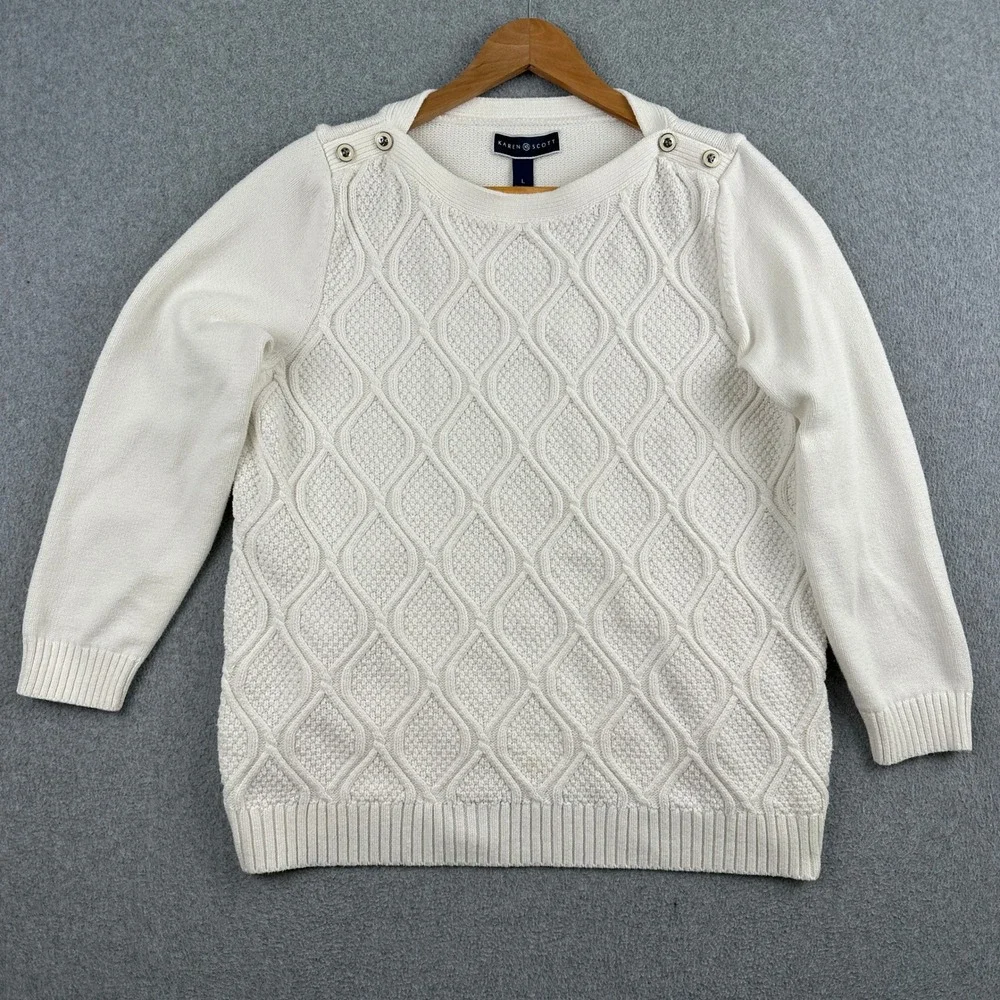 Karen Scott Sweater Womens L White Cable Knit Button Shoulder Long Sleeve
